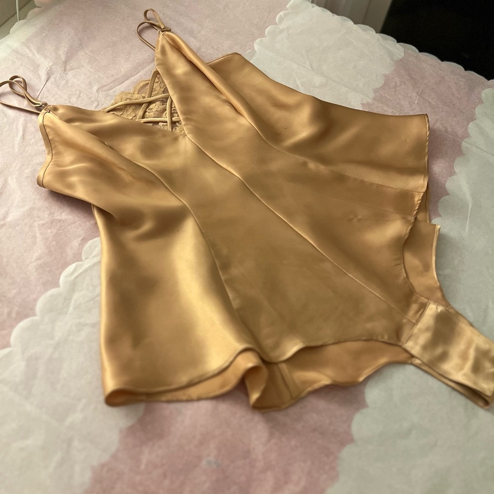 VTG 90s La Senza champagne lingerie Small shortie onesie satin 100% polyester - Picture 1 of 16
